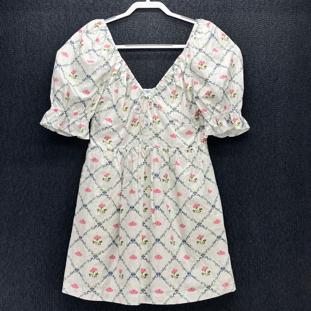 Hill House Home The Ophelia Mini Dress White Pink Floral Butterfly Trellis Sz M